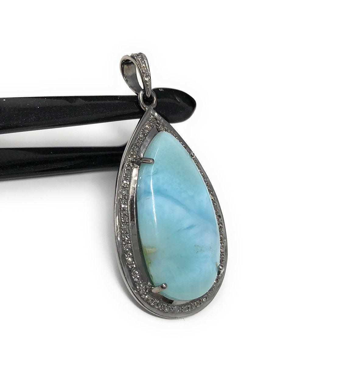 Larimar Pendant, Gemstone Pendant, Sterling Silver Diamond Pendant, - VirtuousWares:Global