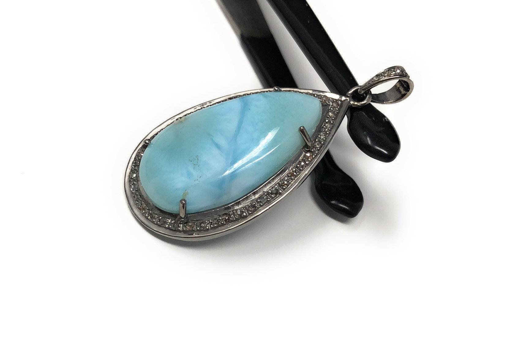 Larimar Pendant, Gemstone Pendant, Sterling Silver Diamond Pendant, - VirtuousWares:Global