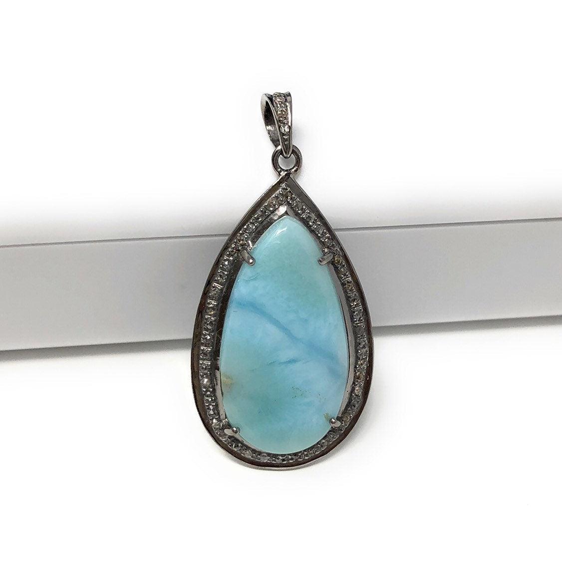 Larimar Pendant, Gemstone Pendant, Sterling Silver Diamond Pendant, - VirtuousWares:Global