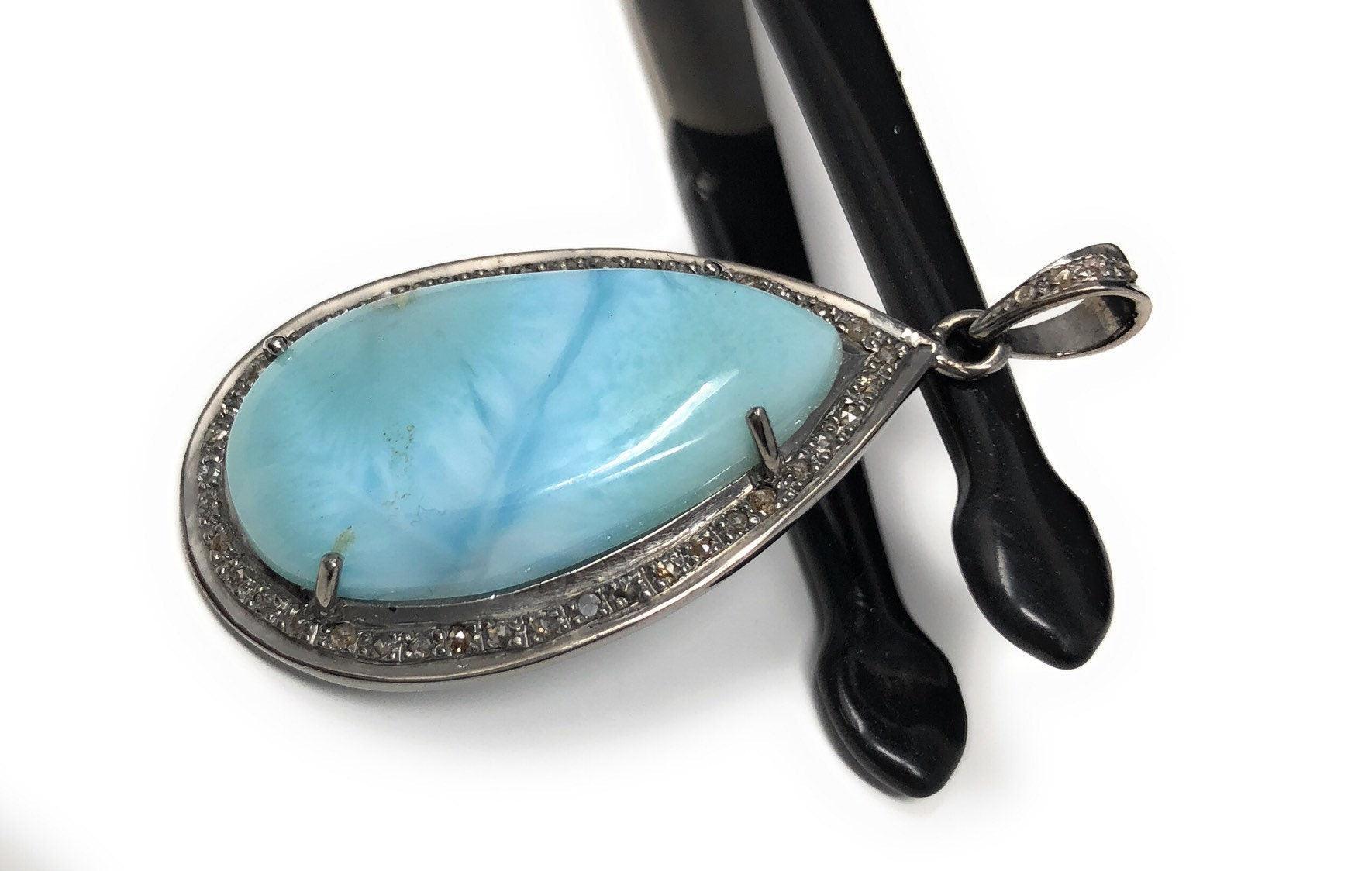 Larimar Pendant, Gemstone Pendant, Sterling Silver Diamond Pendant, - VirtuousWares:Global