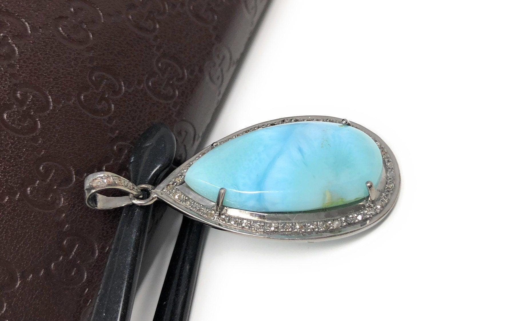 Larimar Pendant, Gemstone Pendant, Sterling Silver Diamond Pendant, - VirtuousWares:Global