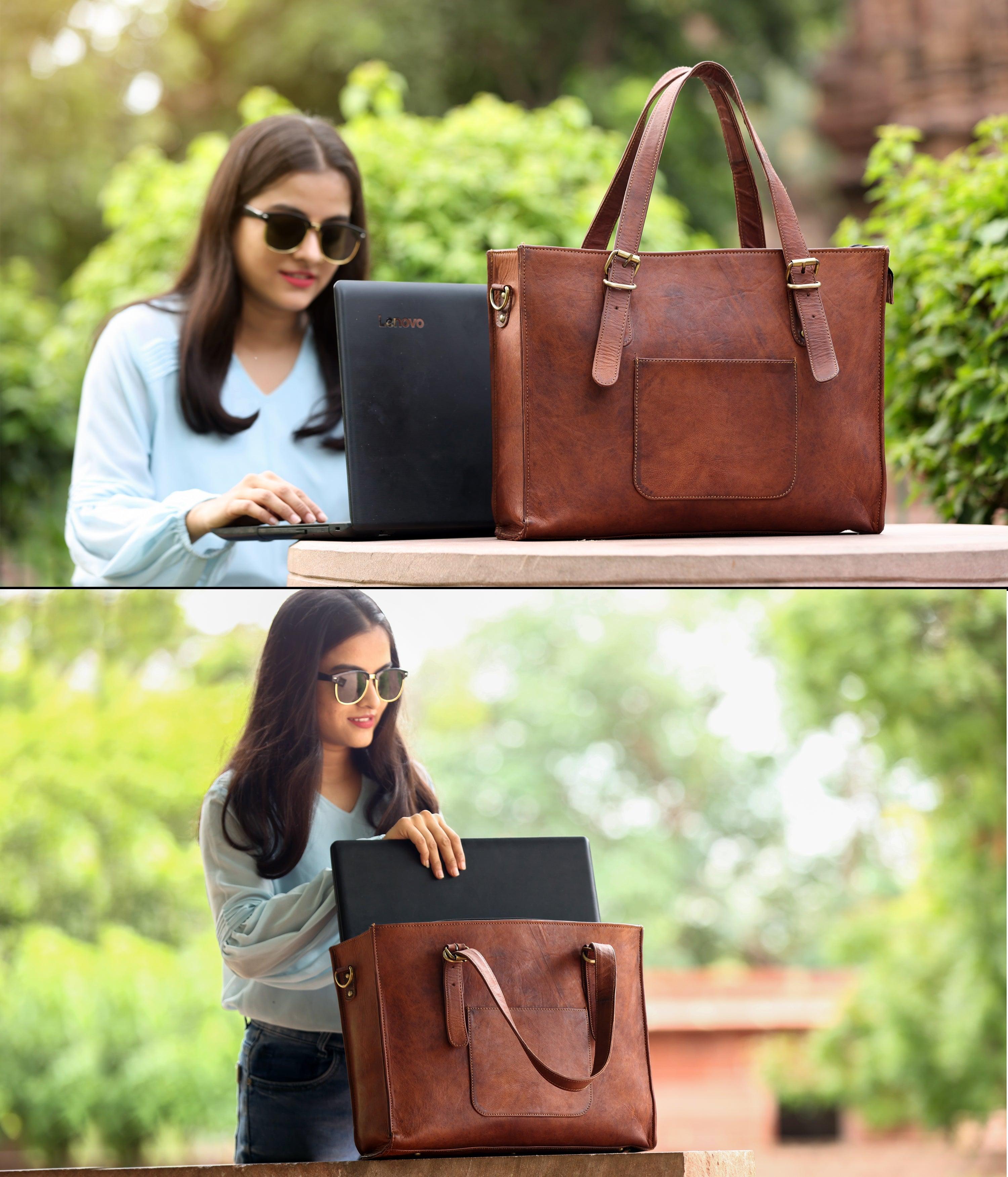 Leather Woman Laptop Handbag Large Tote Bag with Zipper - VirtuousWares:Global