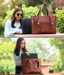 Leather Woman Laptop Handbag Large Tote Bag with Zipper - VirtuousWares:Global