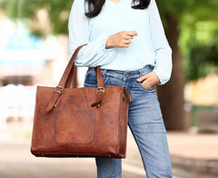 Leather Woman Laptop Handbag Large Tote Bag with Zipper - VirtuousWares:Global