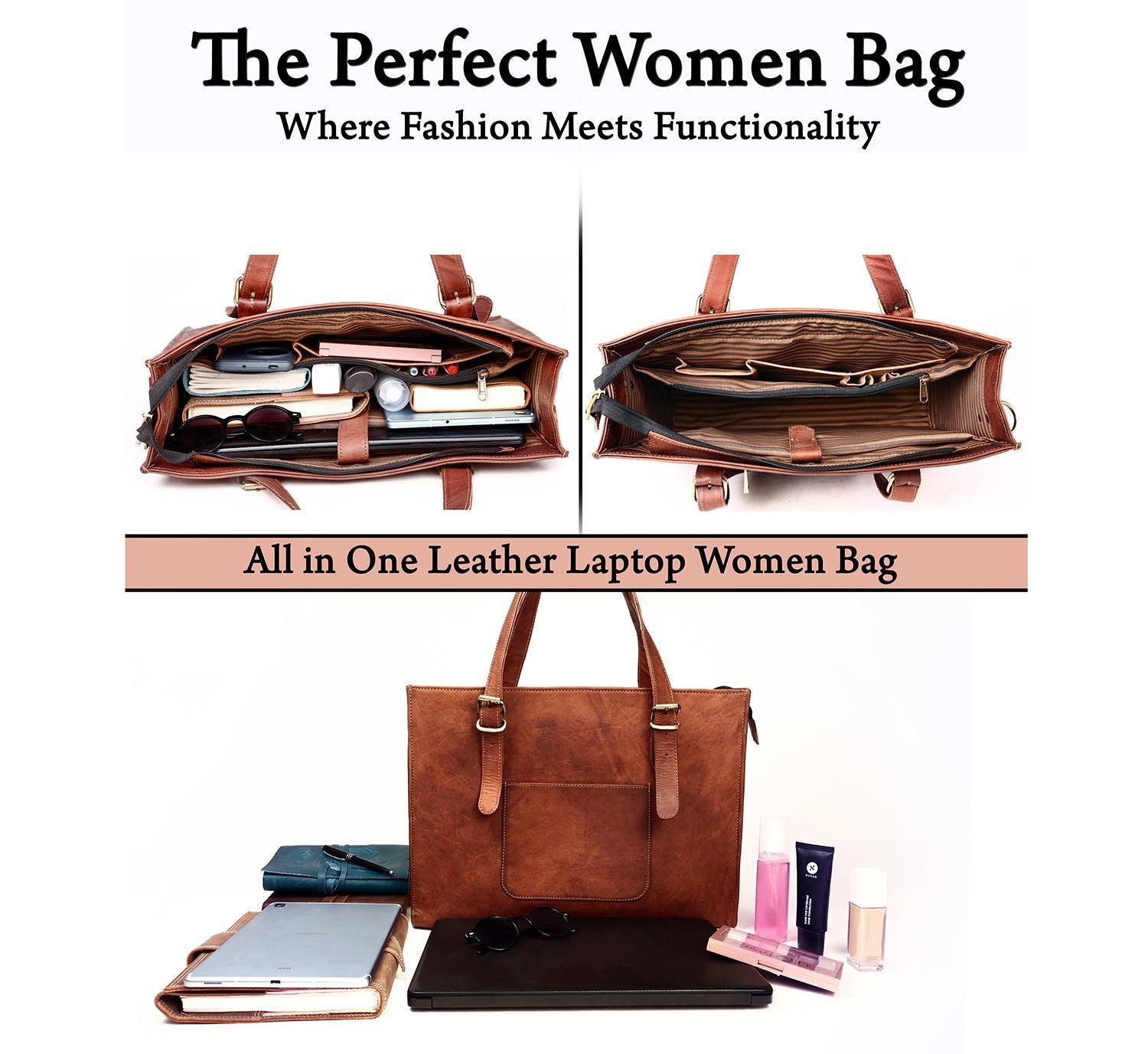 Leather Woman Laptop Handbag Large Tote Bag with Zipper - VirtuousWares:Global