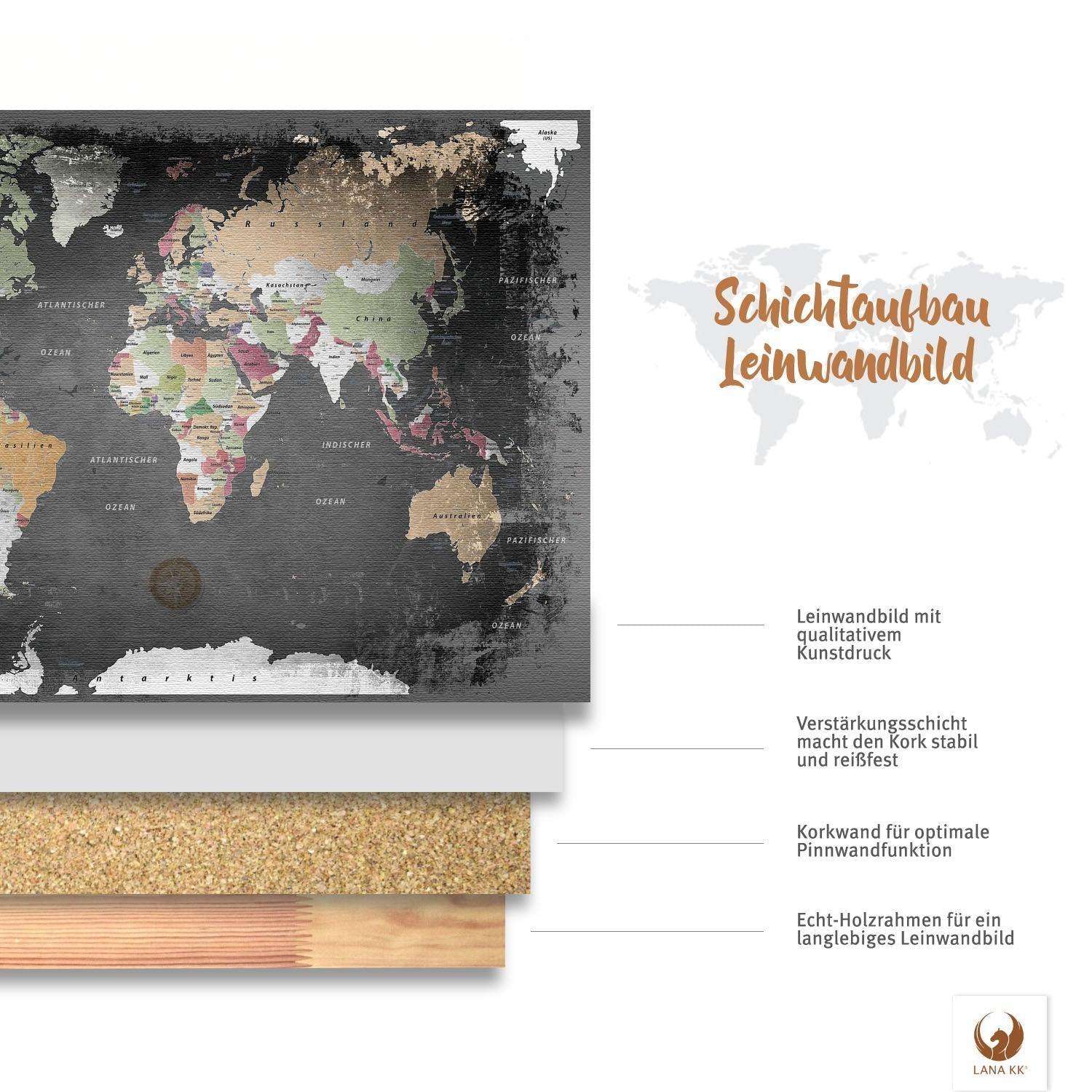 Leinwandbild - Weltkarte Graphit - Pinnwand - VirtuousWares:Global