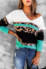 Leopard Color Block V Neck Sweater - VirtuousWares:Global