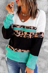 Leopard Color Block V Neck Sweater - VirtuousWares:Global