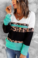 Leopard Color Block V Neck Sweater - VirtuousWares:Global