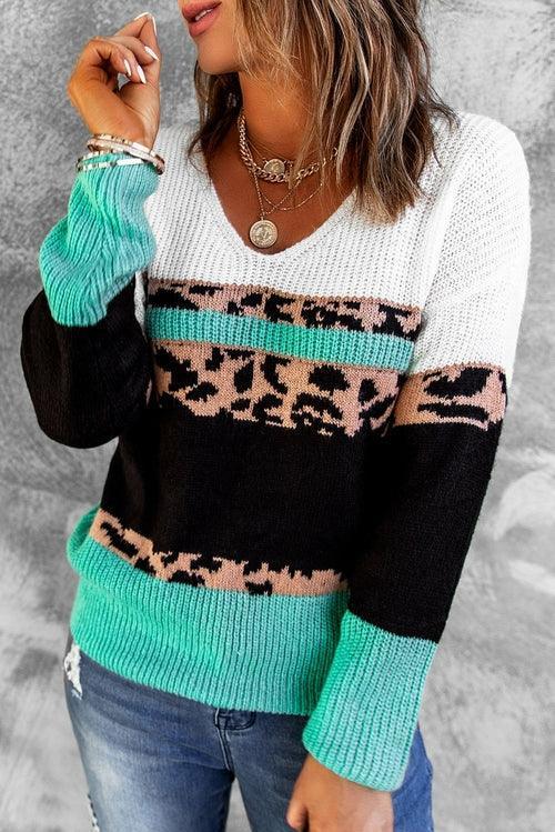 Leopard Color Block V Neck Sweater - VirtuousWares:Global