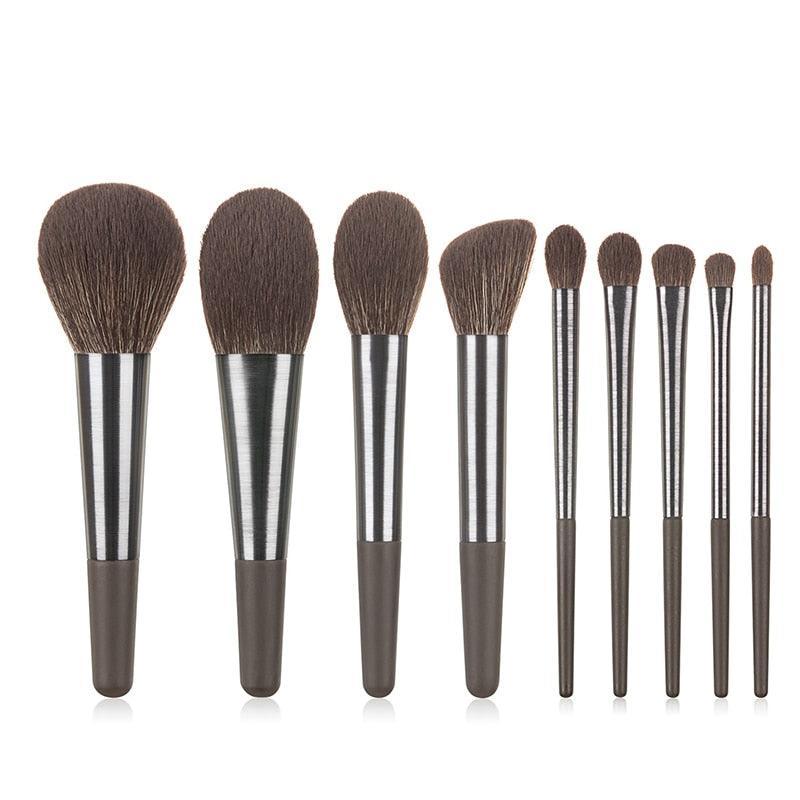 Long Brushed Aluminum Tube 9pcs Makeup Brushes Set Professional - VirtuousWares:Global