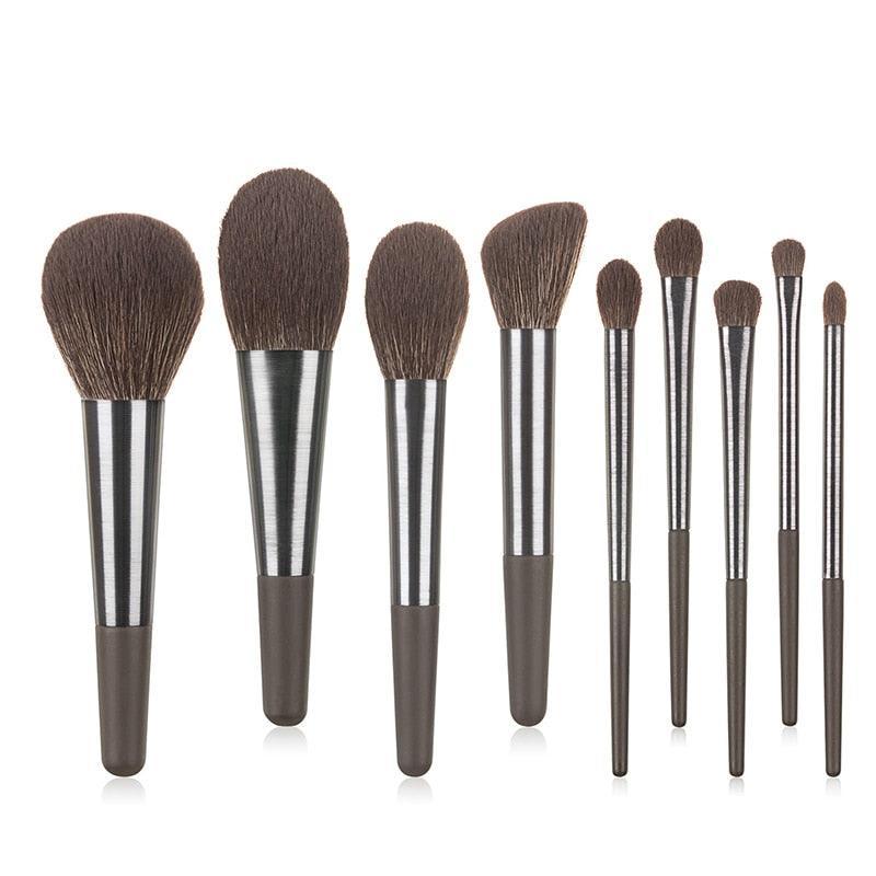 Long Brushed Aluminum Tube 9pcs Makeup Brushes Set Professional - VirtuousWares:Global