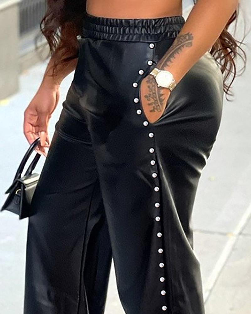 Loose Fit Wide Leg PU Leather Pants with Pockets - VirtuousWares:Global