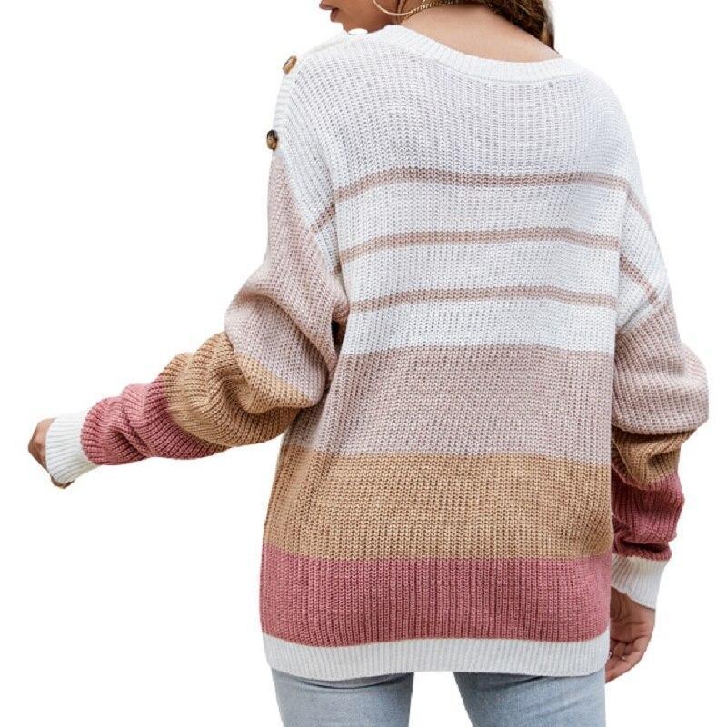 Loose O Neck Button Striped Long-sleeved Knitted Pullover Sweaters - VirtuousWares:Global