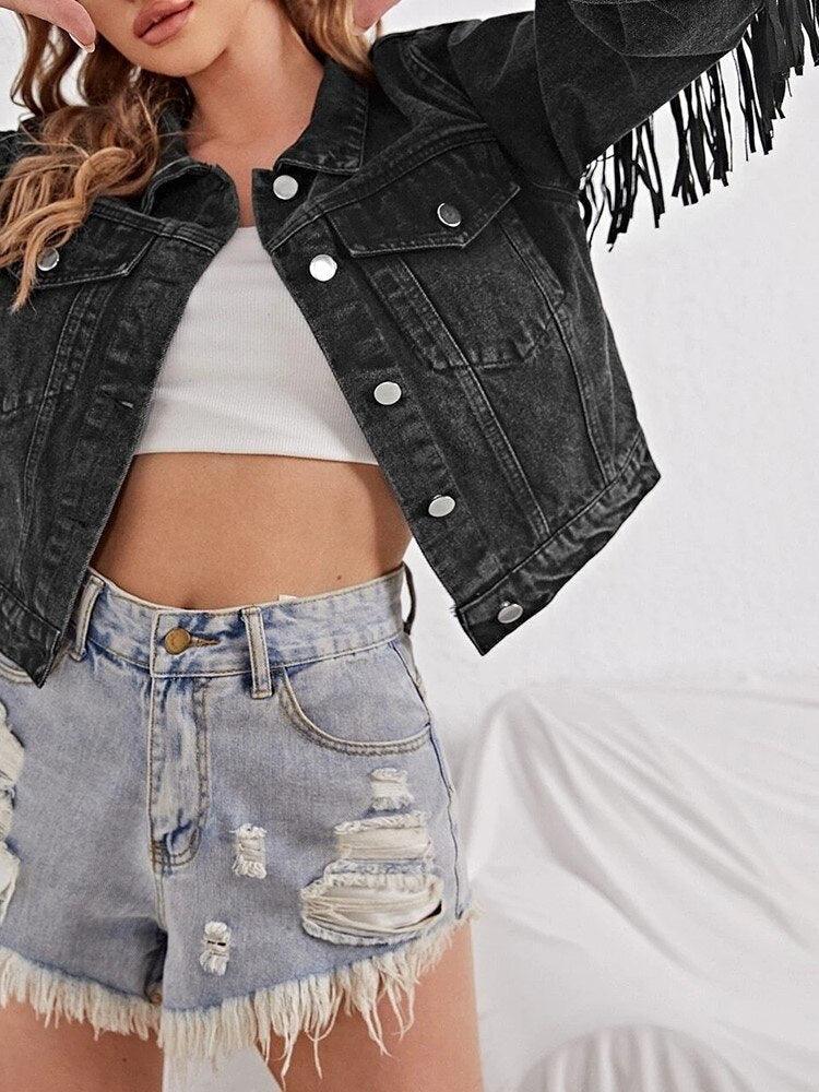 Loose Tassel Retro Cropped Denim Jacket - VirtuousWares:Global