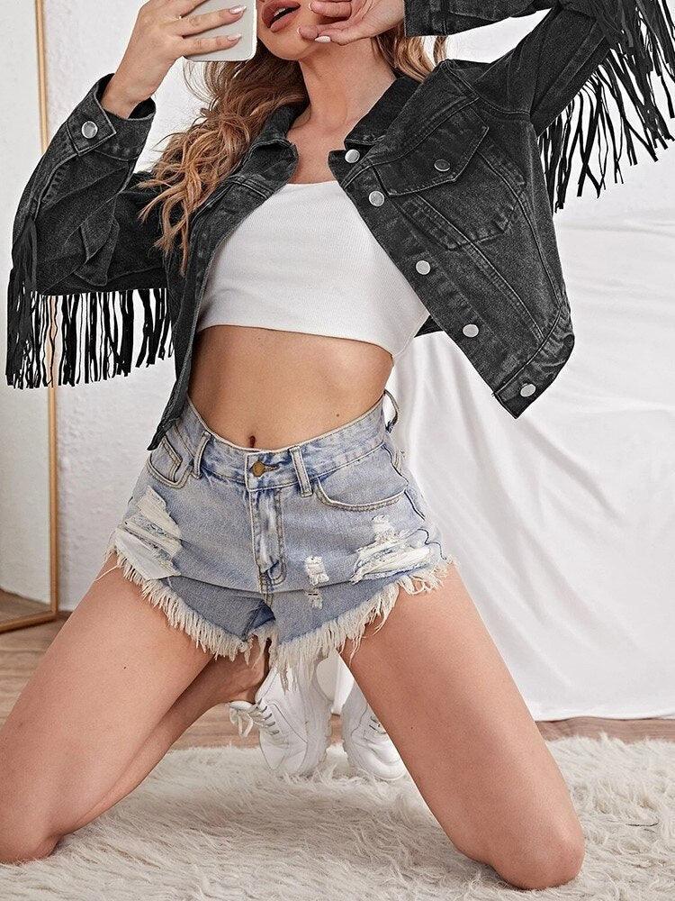 Loose Tassel Retro Cropped Denim Jacket - VirtuousWares:Global