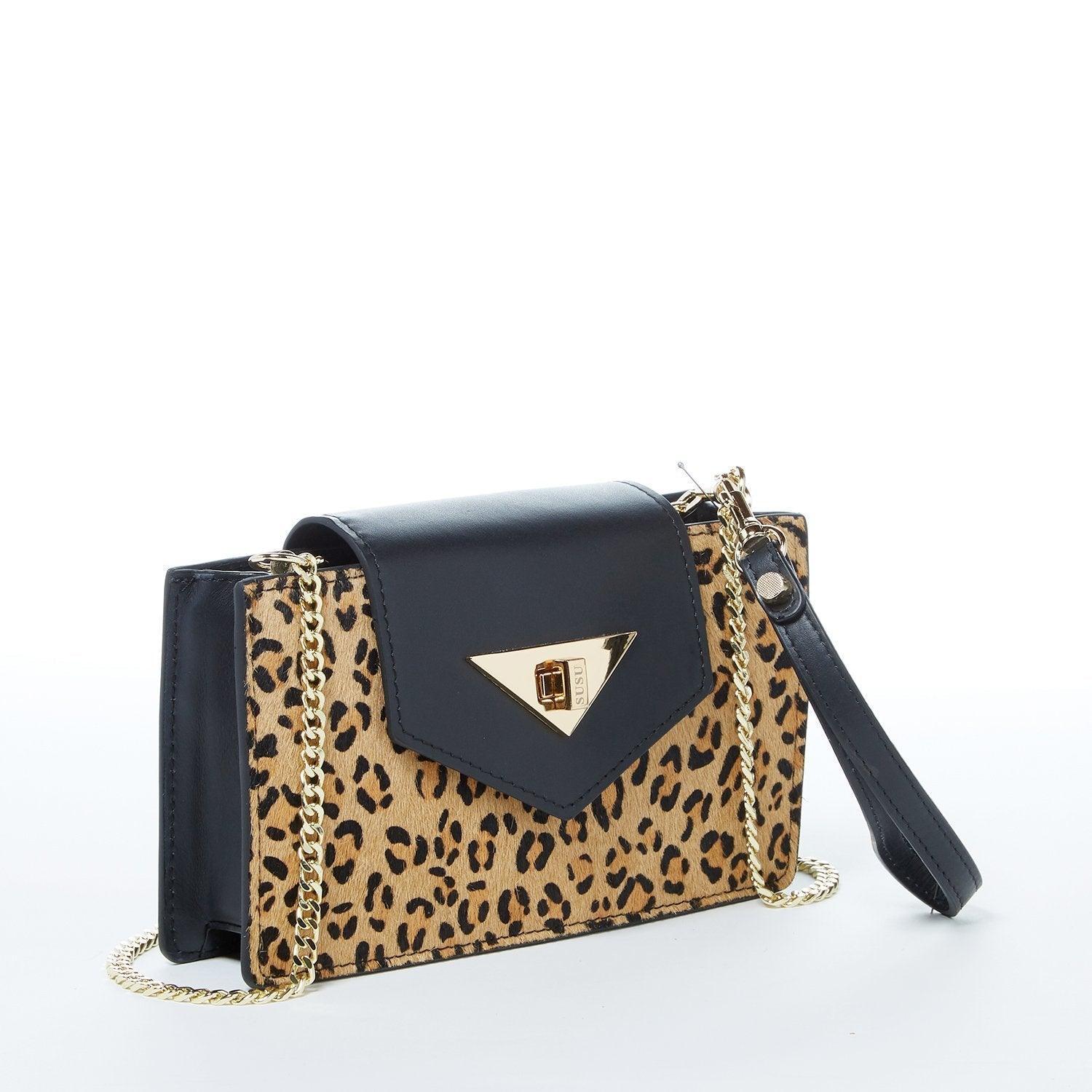 Mary Mini Crossbody Bag Black Leopard Leather Wristlet - VirtuousWares:Global