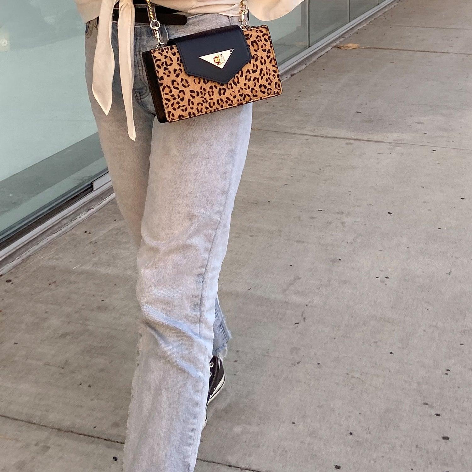 Mary Mini Crossbody Bag Black Leopard Leather Wristlet - VirtuousWares:Global