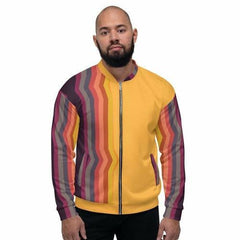 Mens Jacket - Edgy Retro Striped Bomber Jacket Orange/black - VirtuousWares:Global