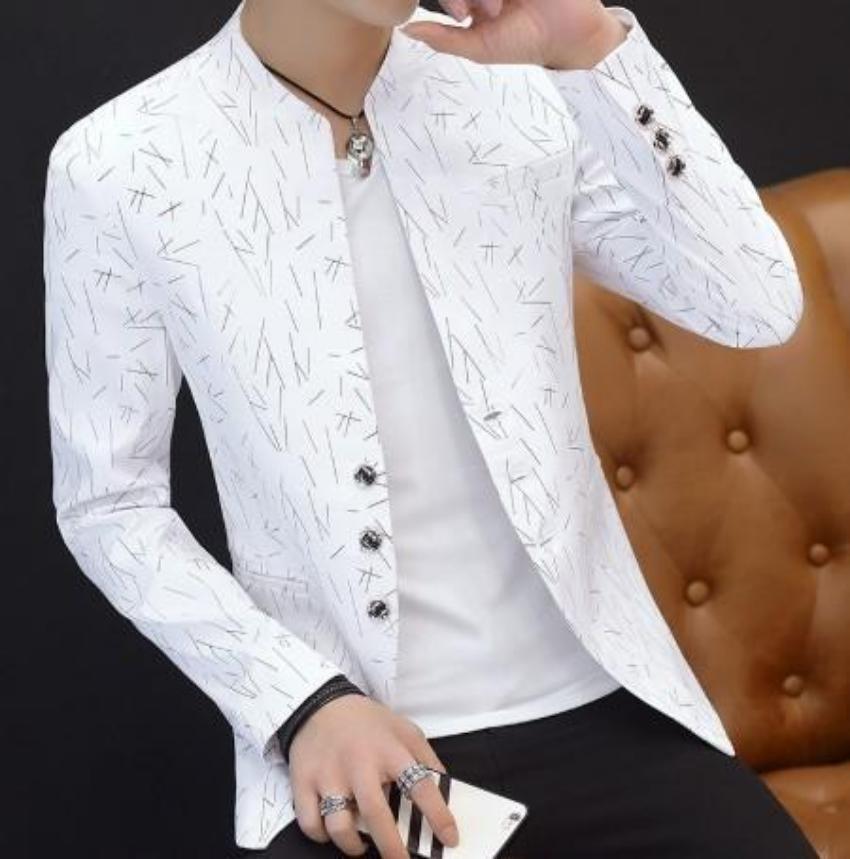 Mens Slim Round Stand Collar Pattern Blazer - VirtuousWares:Global