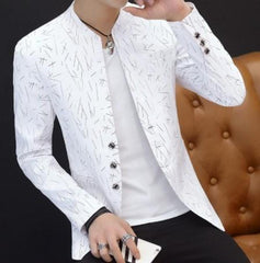 Mens Slim Round Stand Collar Pattern Blazer - VirtuousWares:Global