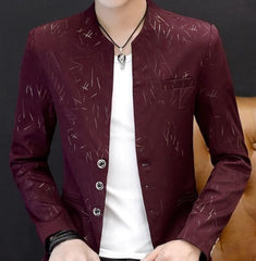 Mens Slim Round Stand Collar Pattern Blazer - VirtuousWares:Global