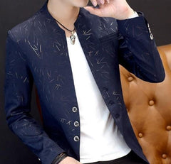Mens Slim Round Stand Collar Pattern Blazer - VirtuousWares:Global