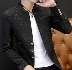 Mens Slim Round Stand Collar Pattern Blazer - VirtuousWares:Global