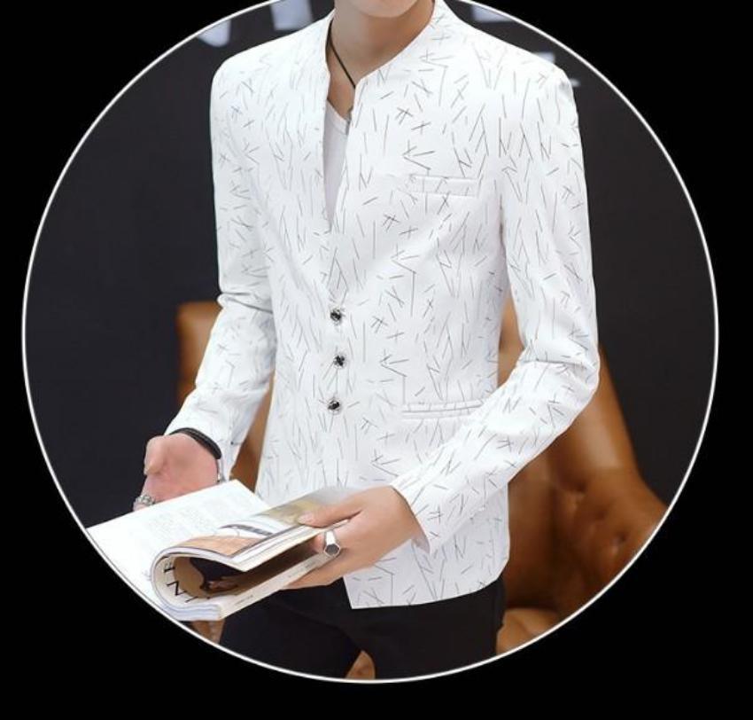 Mens Slim Round Stand Collar Pattern Blazer - VirtuousWares:Global