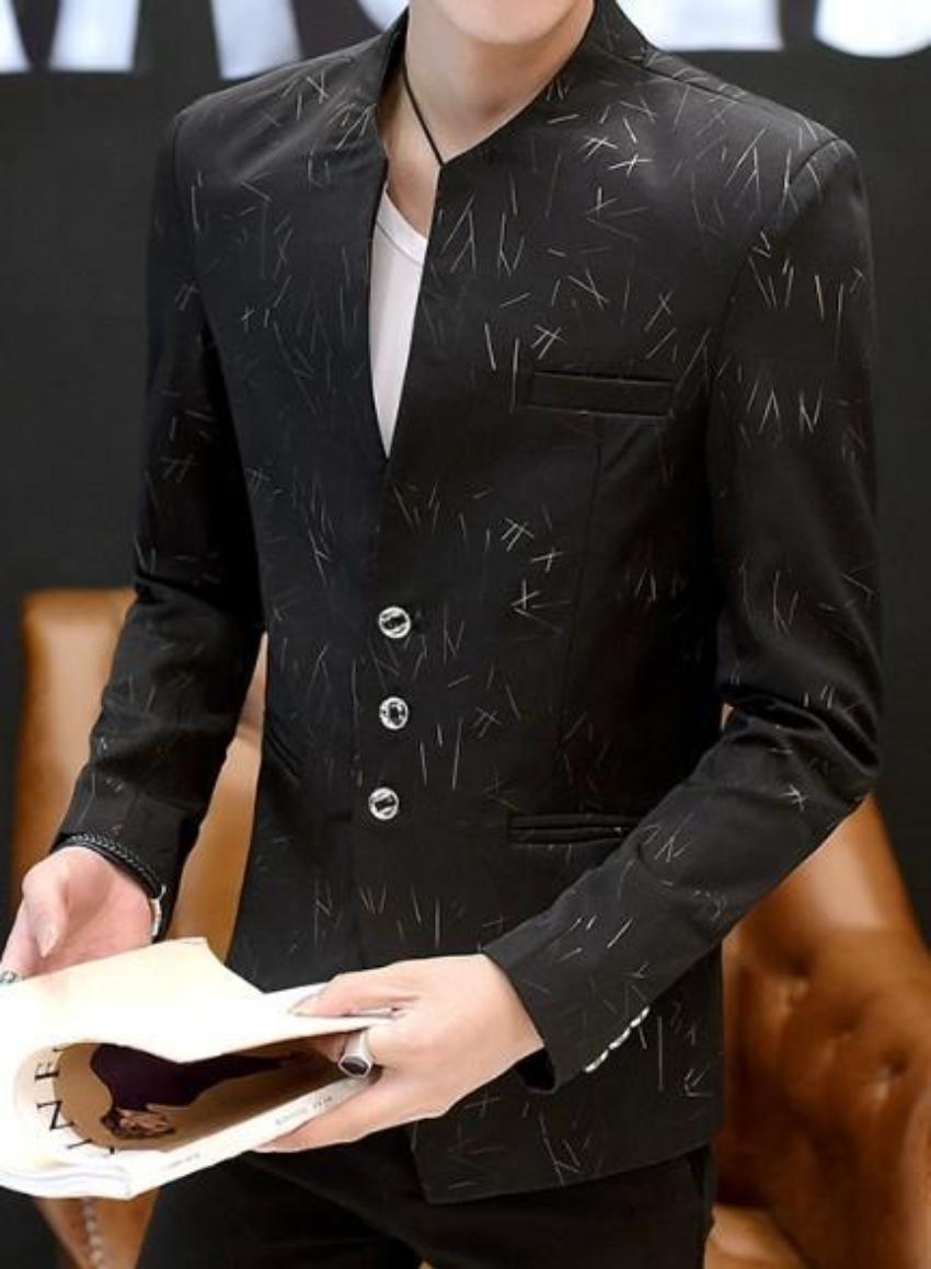 Mens Slim Round Stand Collar Pattern Blazer - VirtuousWares:Global