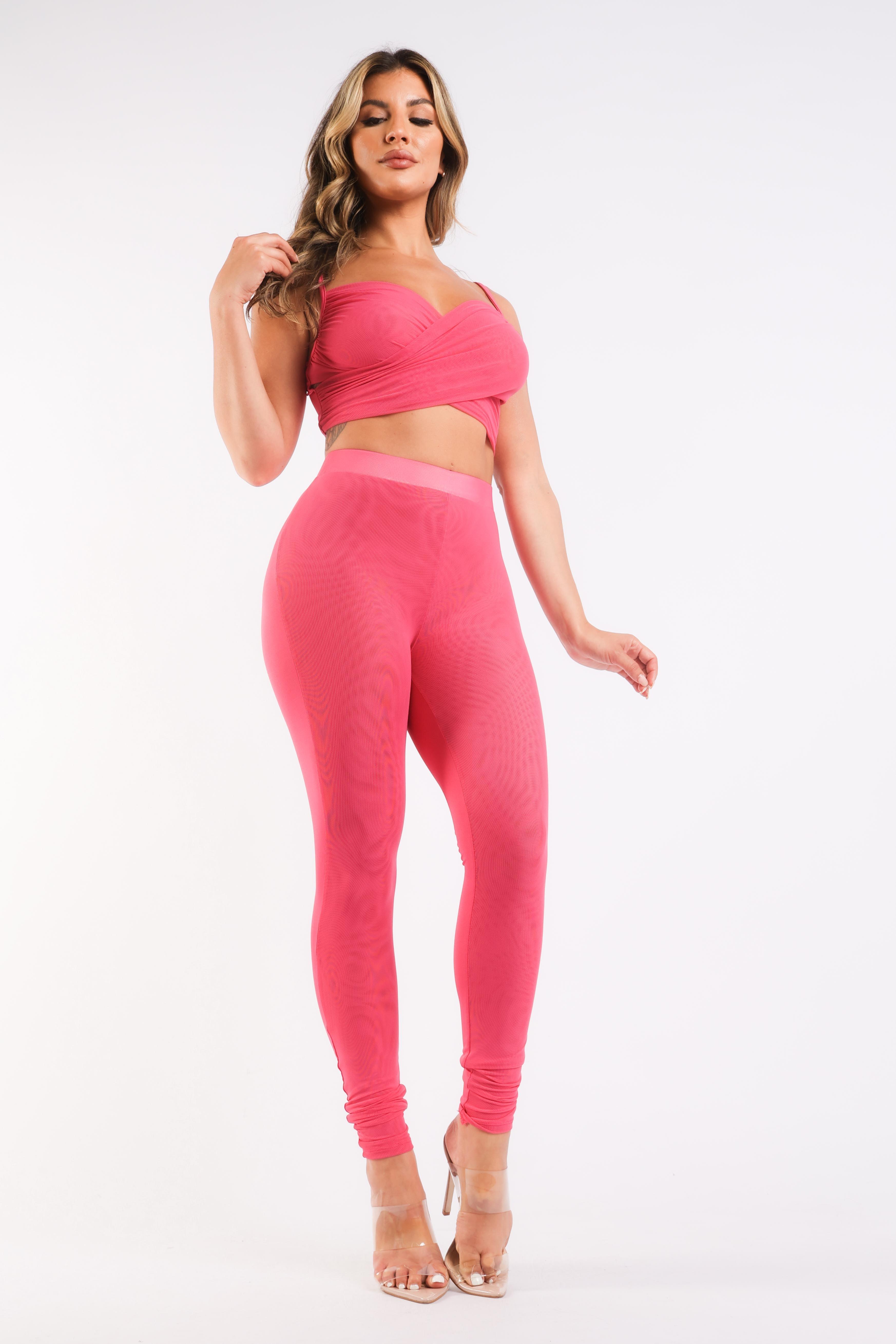 Mesh Contrast Sets Casual Sports Strappy Sleeve Top & Leggings FUCHSIA - VirtuousWares:Global