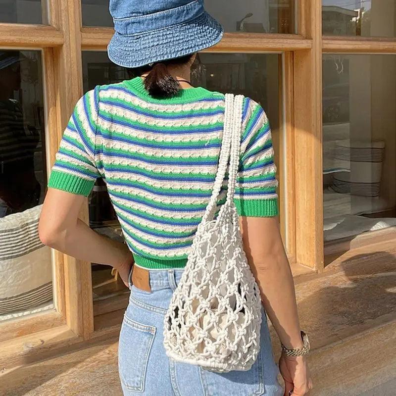 Mesh Rope Knitted Bucket Shoulder Bag - VirtuousWares:Global