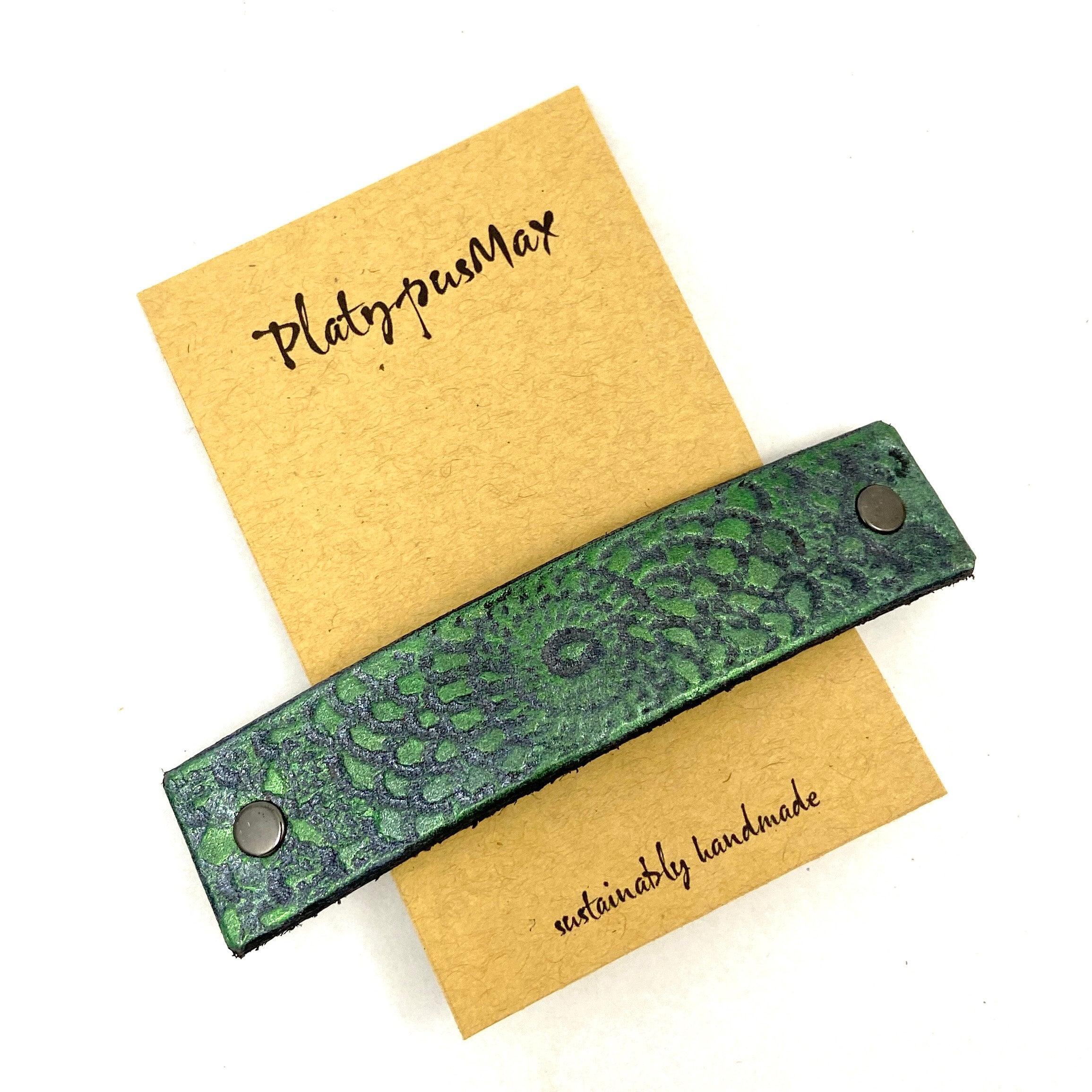 Metallic Emerald Green and Silver Embossed Mandala Leather Hair - VirtuousWares:Global