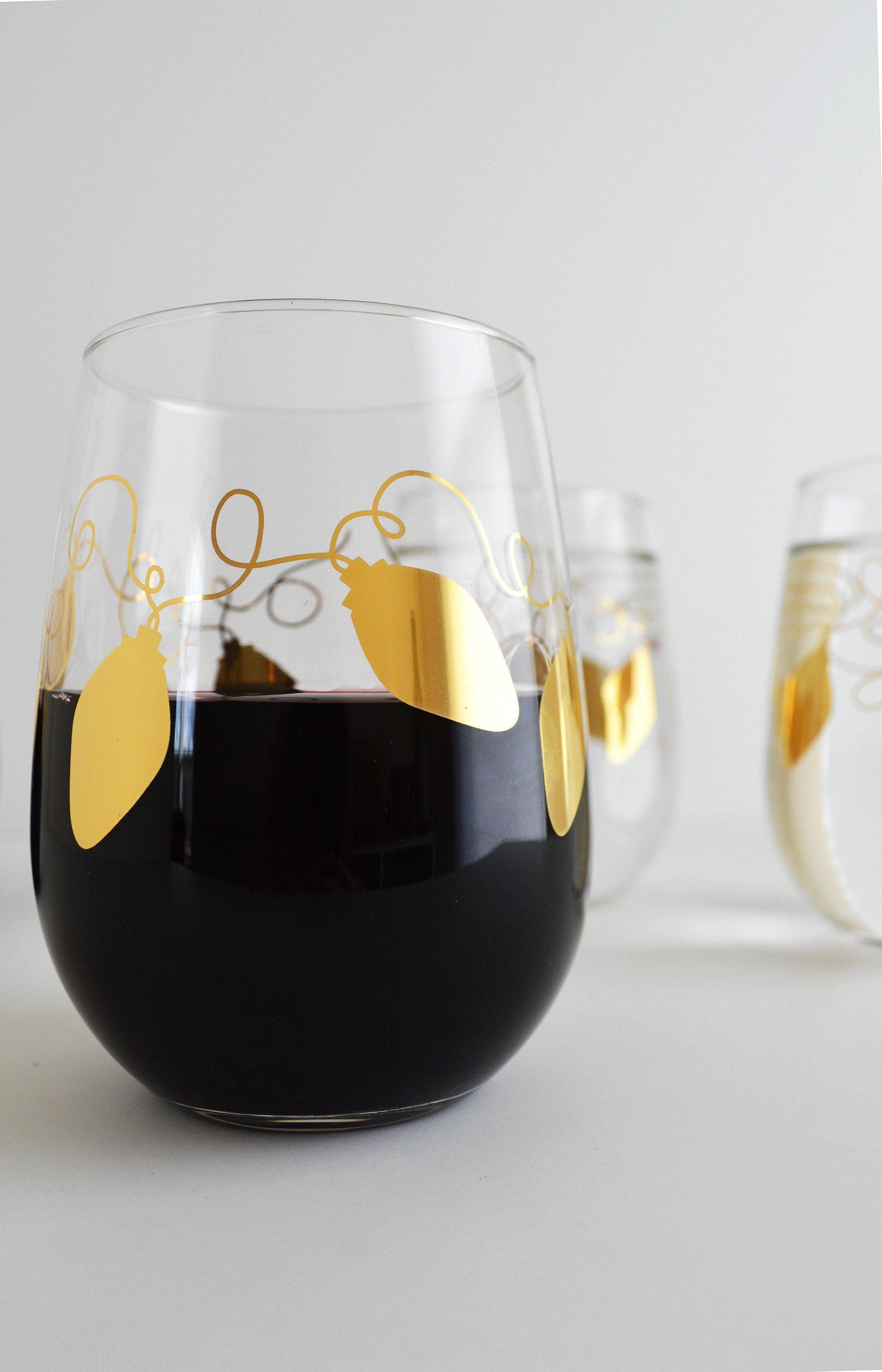 Metallic Gold Retro Christmas Lights Stemless Wine - VirtuousWares:Global