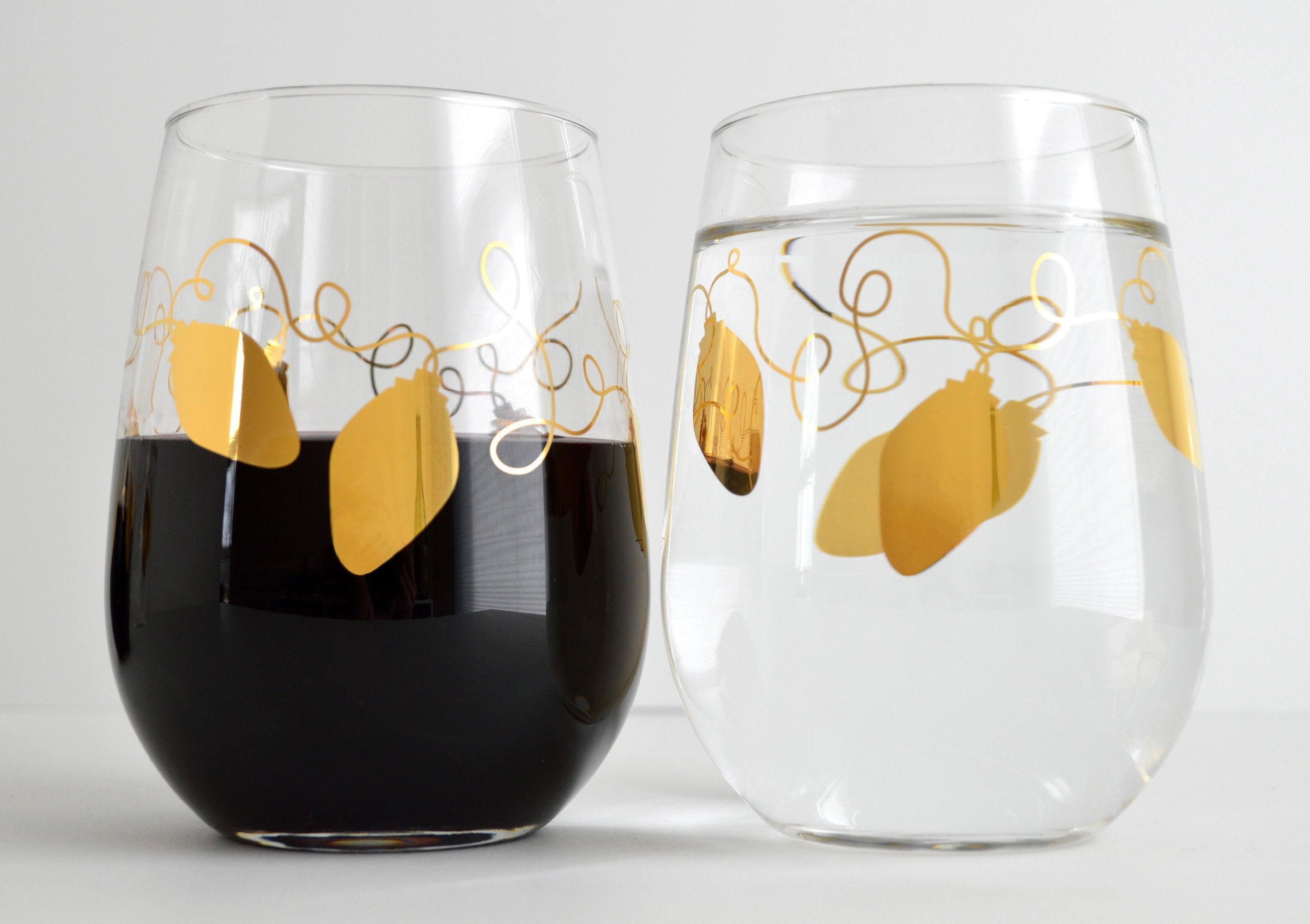 Metallic Gold Retro Christmas Lights Stemless Wine - VirtuousWares:Global