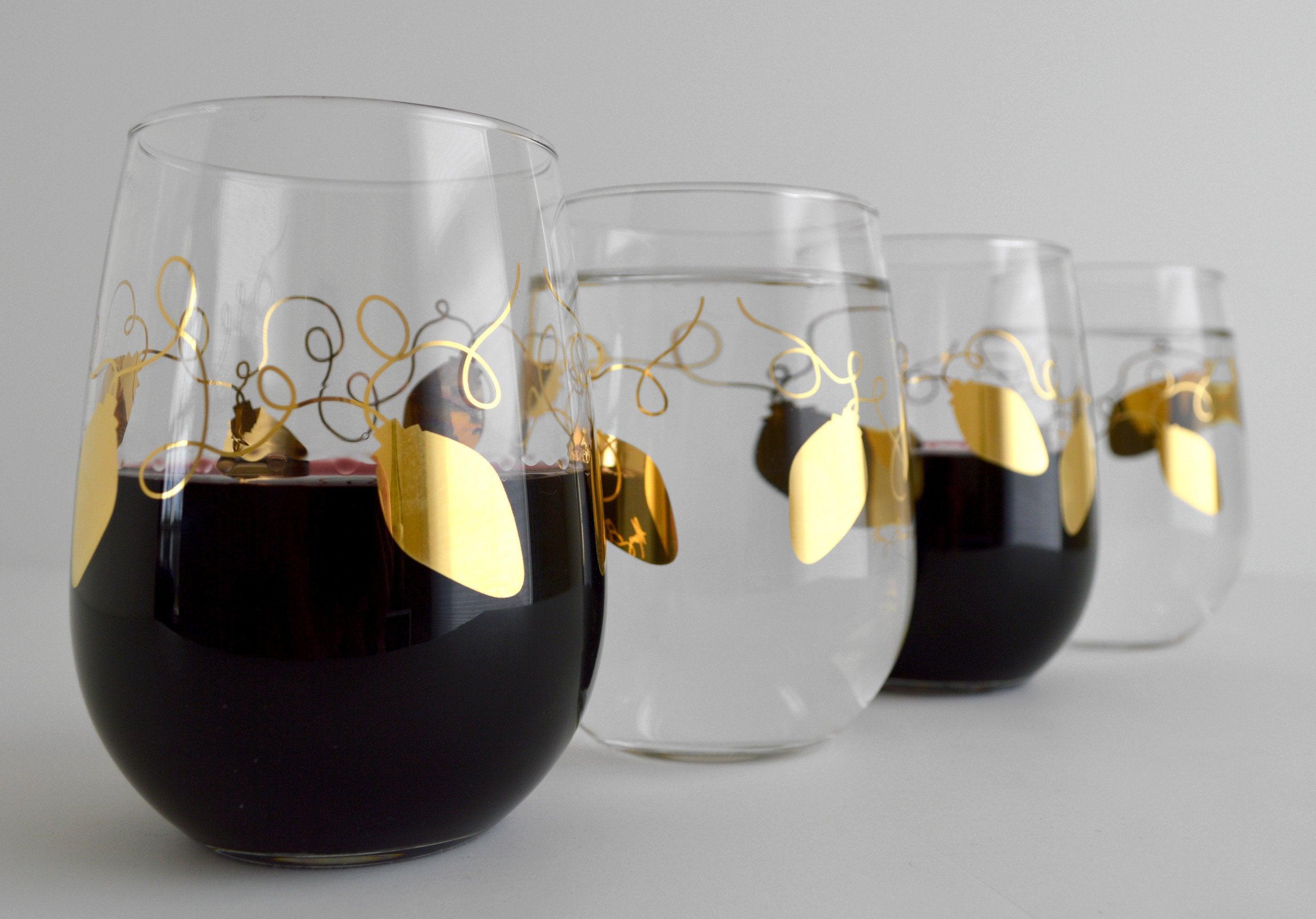 Metallic Gold Retro Christmas Lights Stemless Wine - VirtuousWares:Global