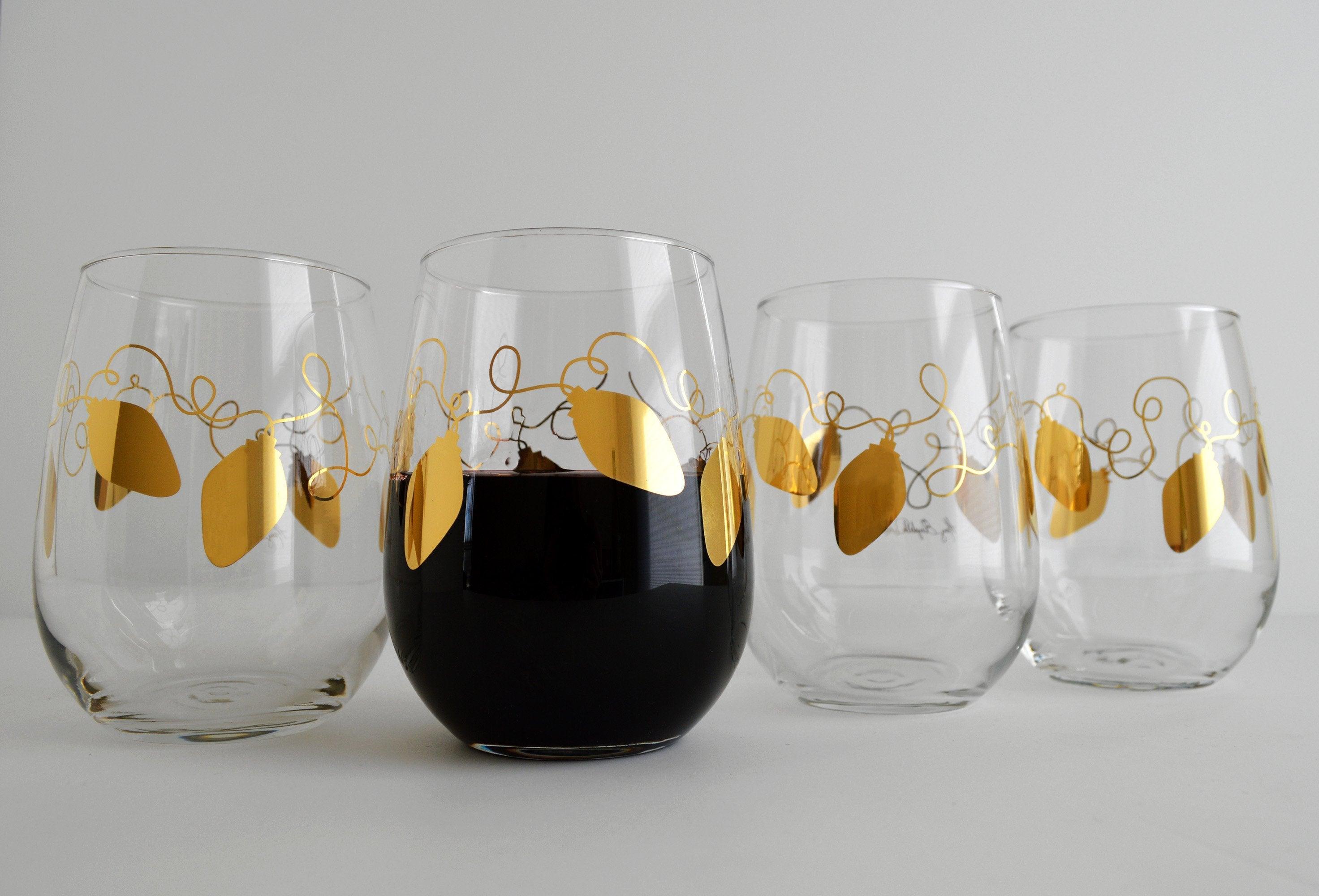 Metallic Gold Retro Christmas Lights Stemless Wine - VirtuousWares:Global