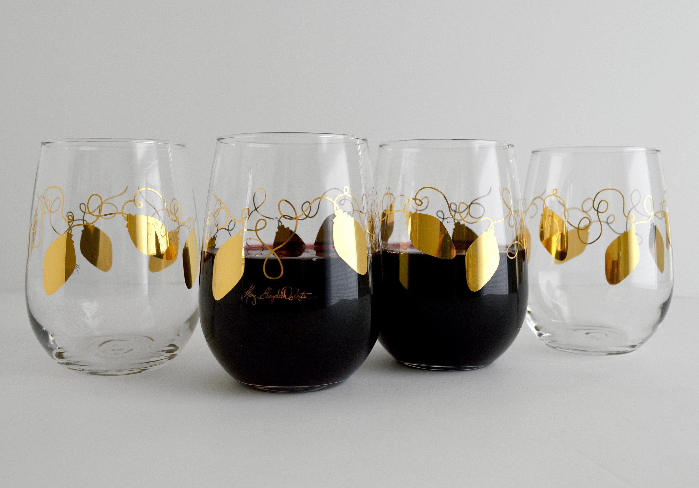 Metallic Gold Retro Christmas Lights Stemless Wine - VirtuousWares:Global