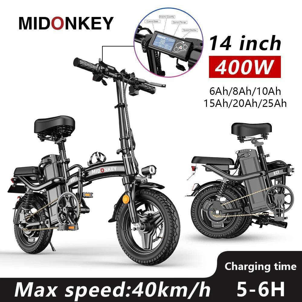 MIDONKEY ACE 14 inch Folding Electric Bicycle 48V 400W City Bicycle 48V 10Ah 25Ah Brushless Mini Foldable Electric Bike - VirtuousWares:Global