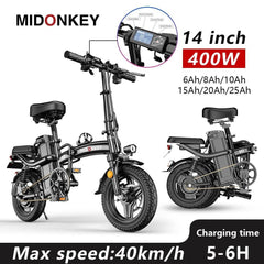 MIDONKEY ACE 14 inch Folding Electric Bicycle 48V 400W City Bicycle 48V 10Ah 25Ah Brushless Mini Foldable Electric Bike - VirtuousWares:Global