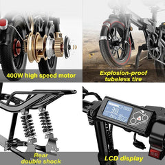 MIDONKEY ACE 14 inch Folding Electric Bicycle 48V 400W City Bicycle 48V 10Ah 25Ah Brushless Mini Foldable Electric Bike - VirtuousWares:Global