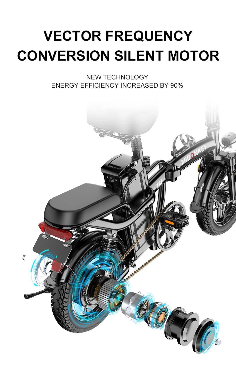 MIDONKEY ACE 14 inch Folding Electric Bicycle 48V 400W City Bicycle 48V 10Ah 25Ah Brushless Mini Foldable Electric Bike - VirtuousWares:Global
