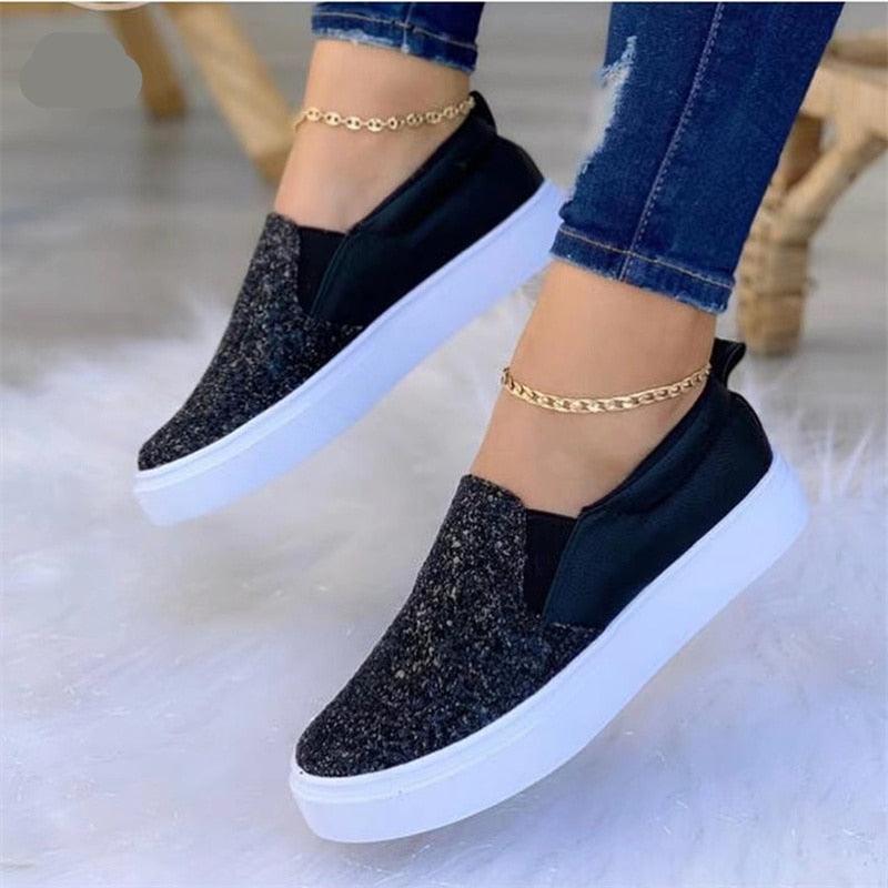 Moccasins Glitter Flat Loafers Shoes For Women Rose Gold/Black/Gold - VirtuousWares:Global