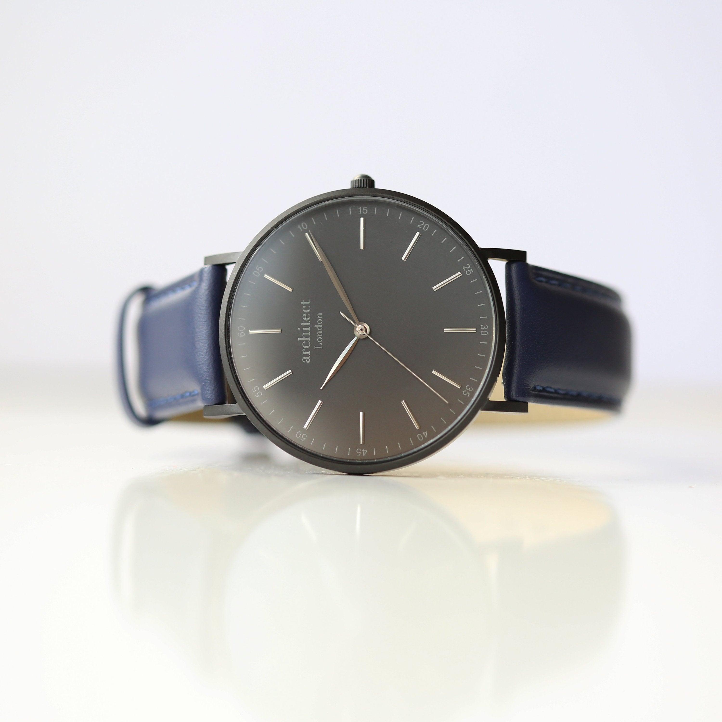 Modern Font Engraving - Men's Minimalist Watch + Admiral Blue Strap - VirtuousWares:Global