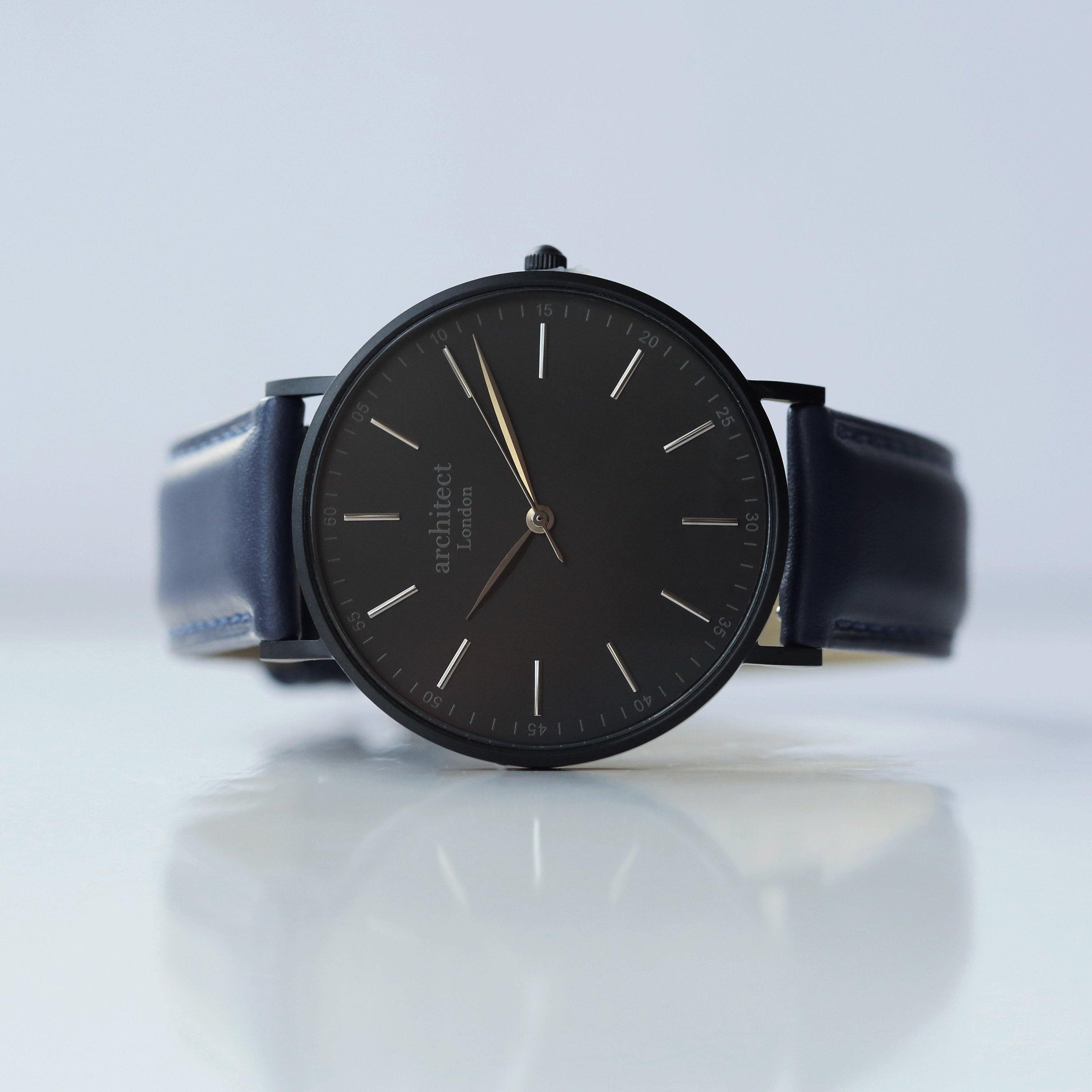 Modern Font Engraving - Men's Minimalist Watch + Admiral Blue Strap - VirtuousWares:Global