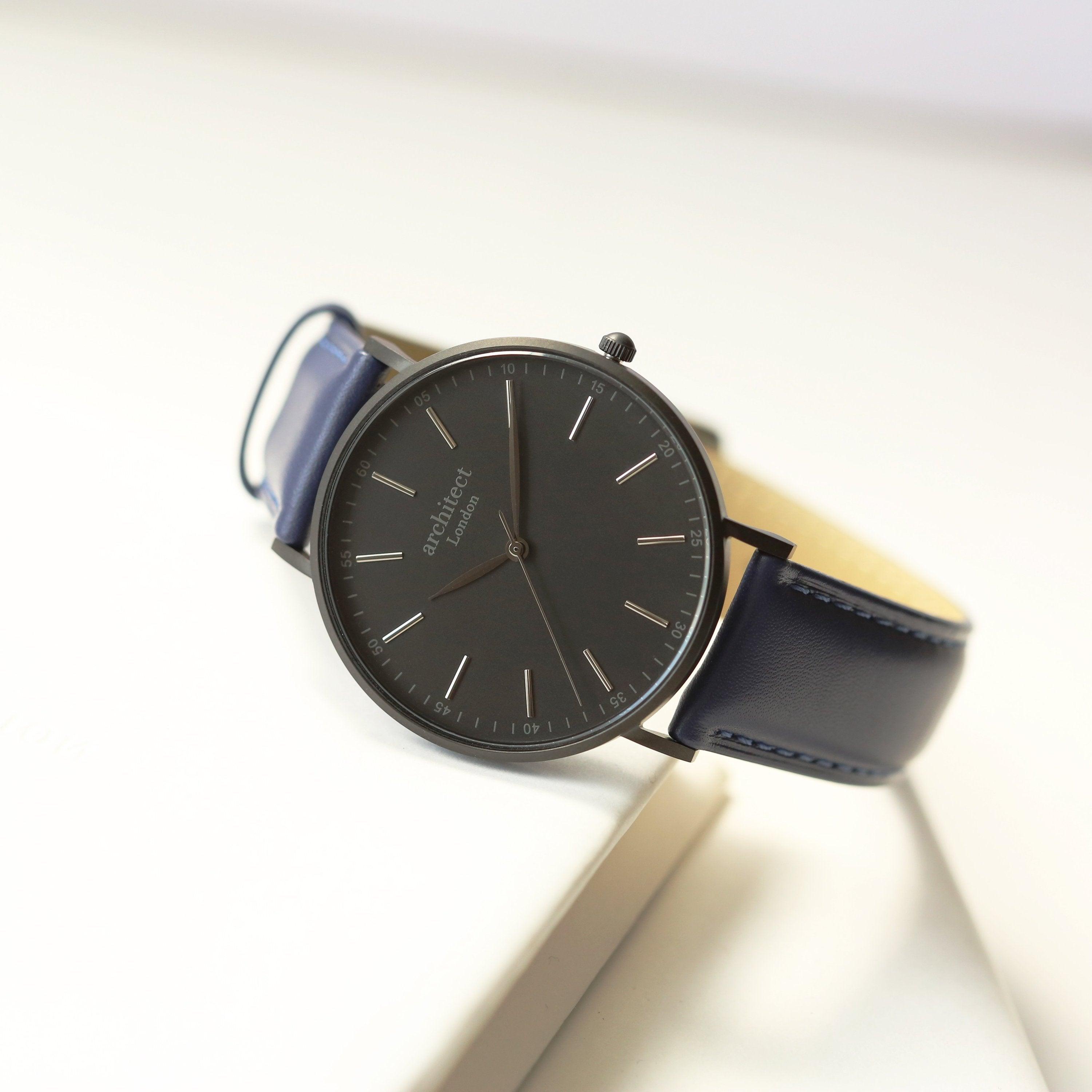 Modern Font Engraving - Men's Minimalist Watch + Admiral Blue Strap - VirtuousWares:Global