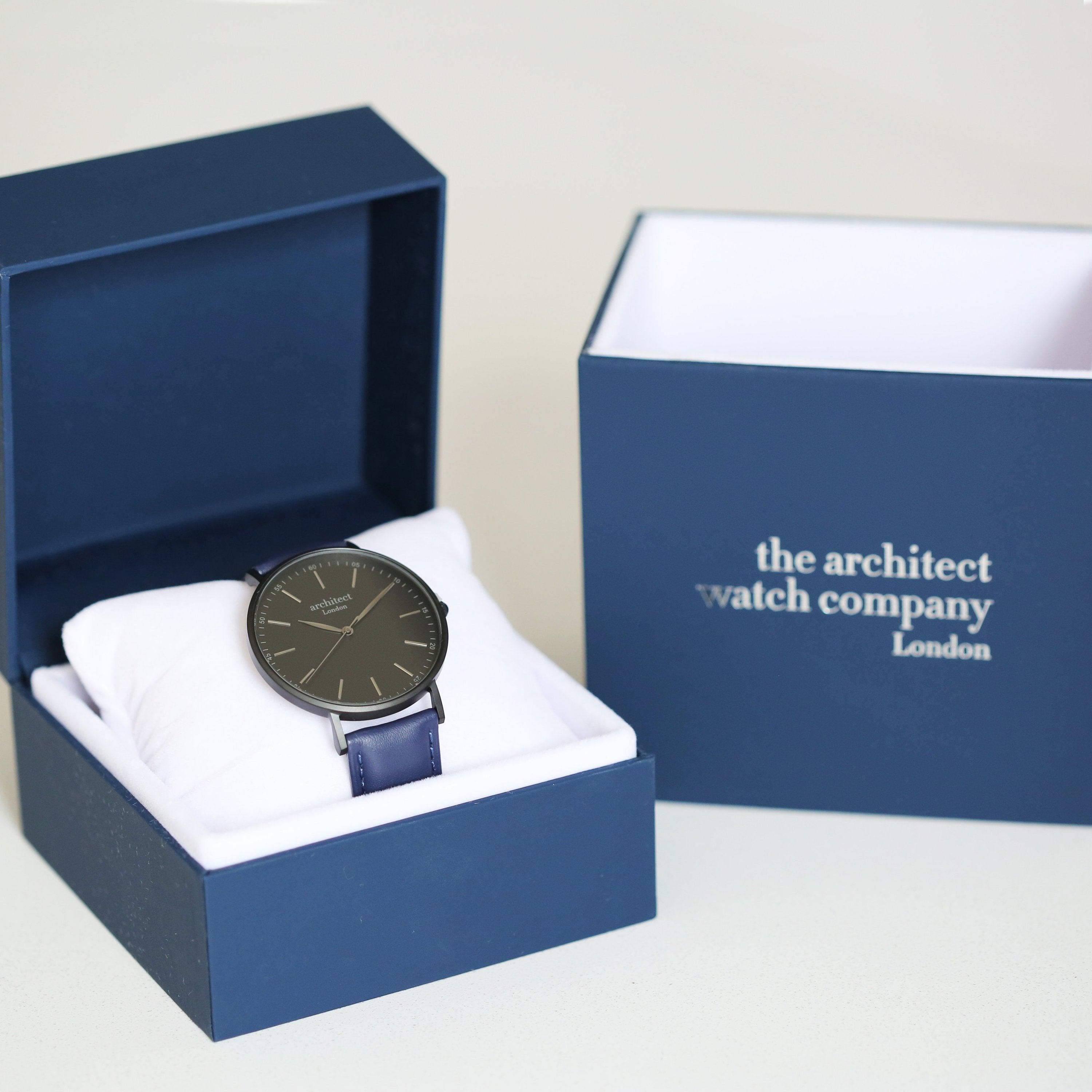 Modern Font Engraving - Men's Minimalist Watch + Admiral Blue Strap - VirtuousWares:Global