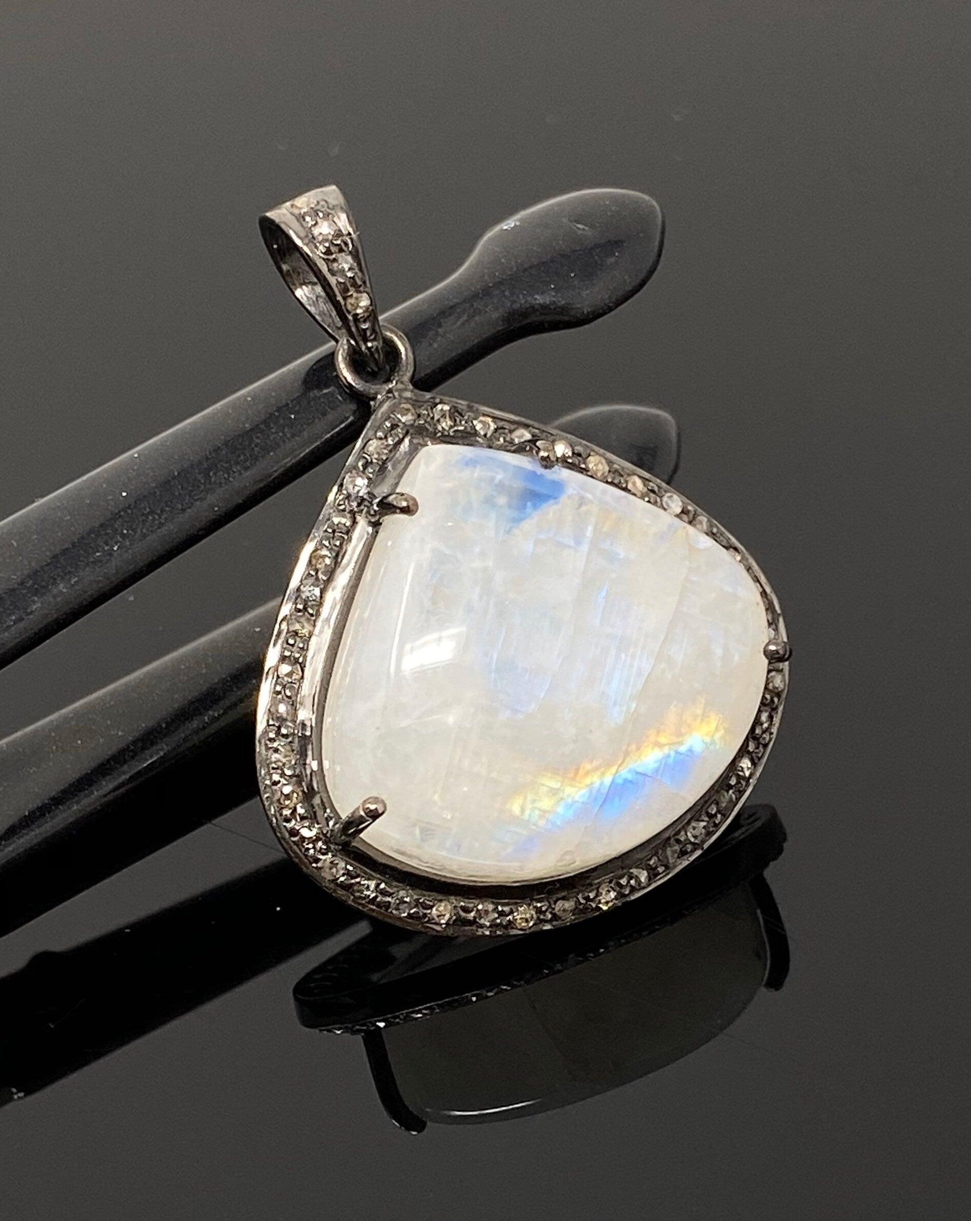 Moonstone Pendant, Gemstone Pendant, Diamond Pendant, Pave Diamond - VirtuousWares:Global