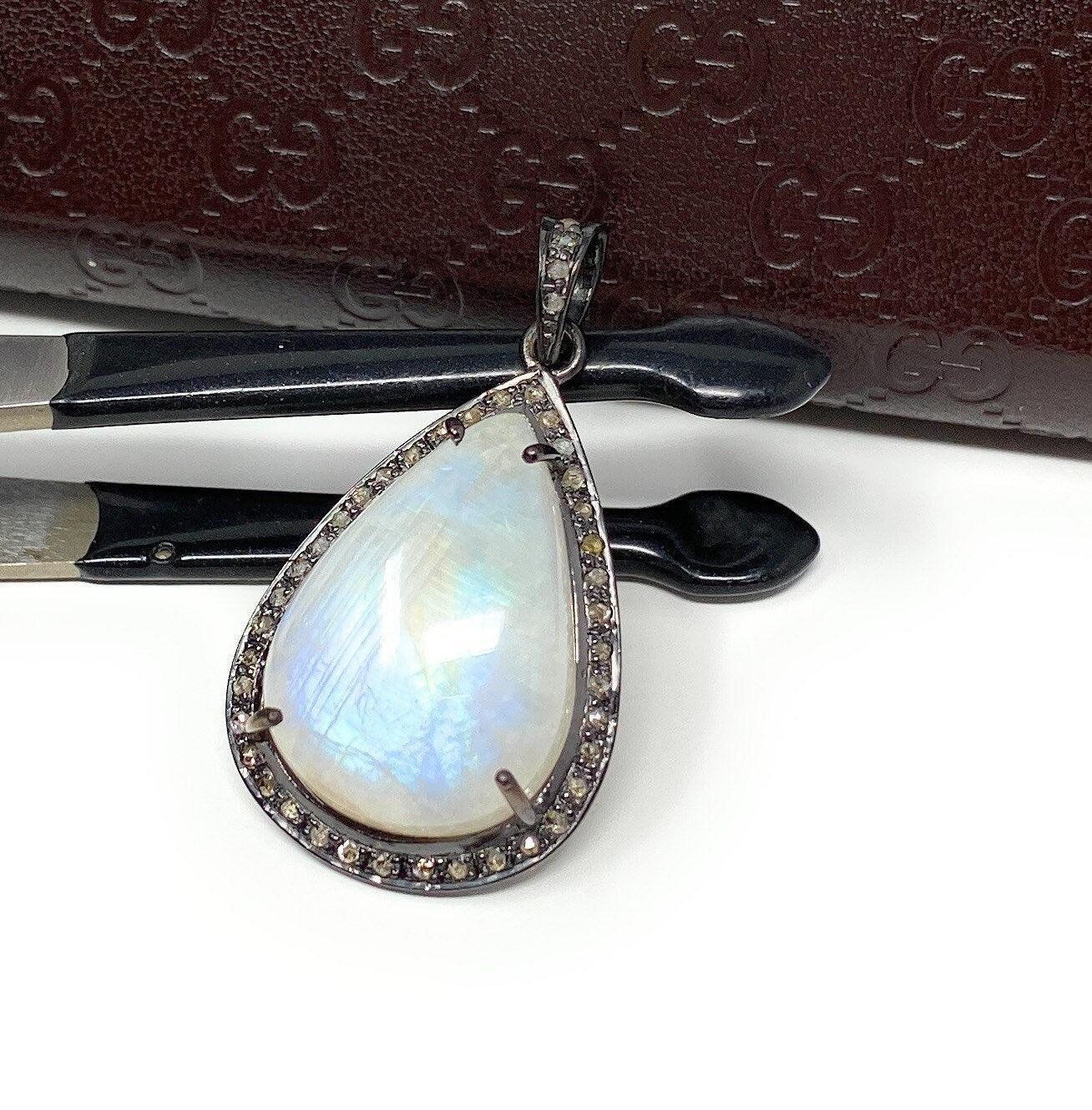 Moonstone Pendant, Gemstone Pendant, Diamond Pendant, Pave Diamond - VirtuousWares:Global