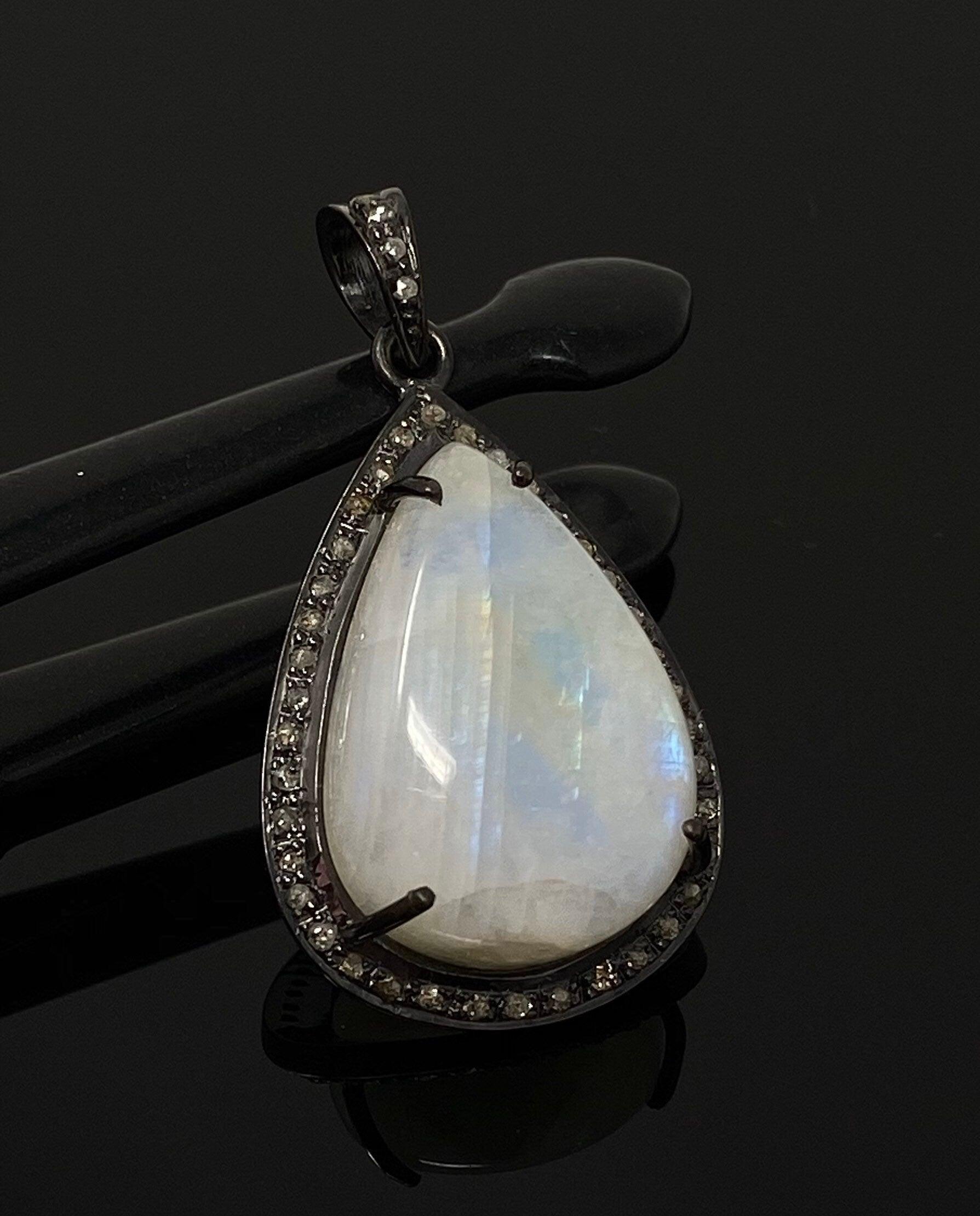 Moonstone Pendant, Gemstone Pendant, Diamond Pendant, Pave Diamond - VirtuousWares:Global